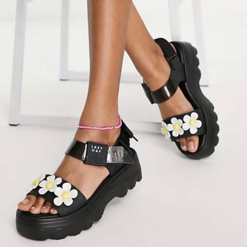 Lazy Oaf Black Sandals with Daisy Accents